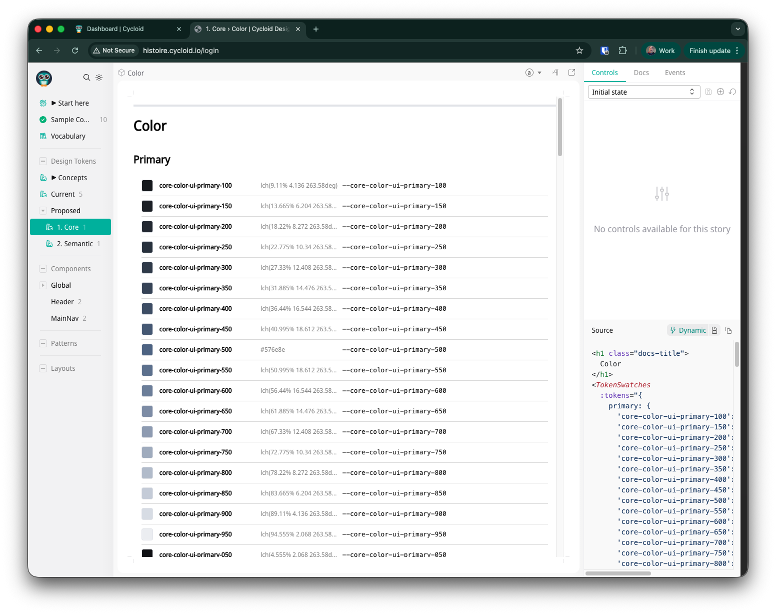 Histoire documentation site showing the Core token tier — core-color-ui-primary ramp with LCH values and CSS variable names