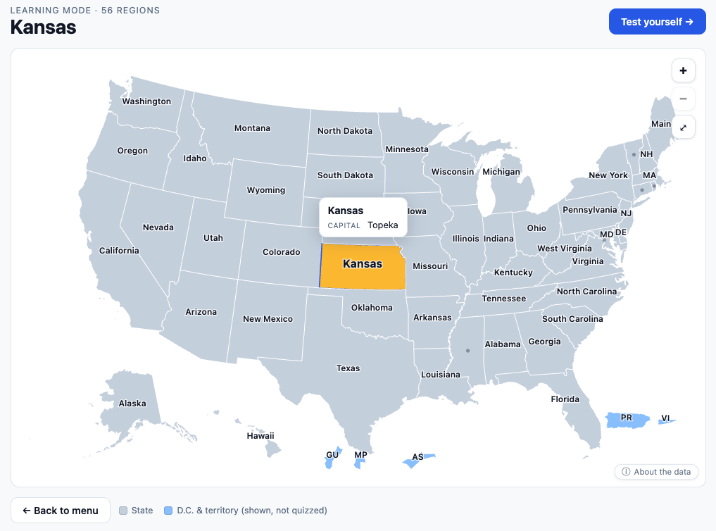 The US map in Learn mode, with Kansas selected and its capital shown in a callout