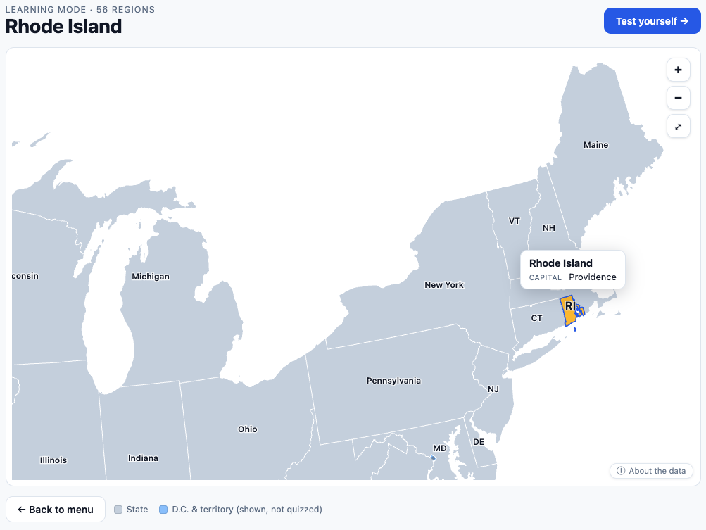The map zoomed into the northeast, with Rhode Island selected and labelled with its abbreviation