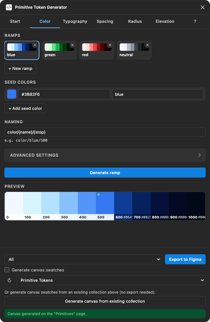 The color tab showing the ramp list, seed color input, and the stop preview strip