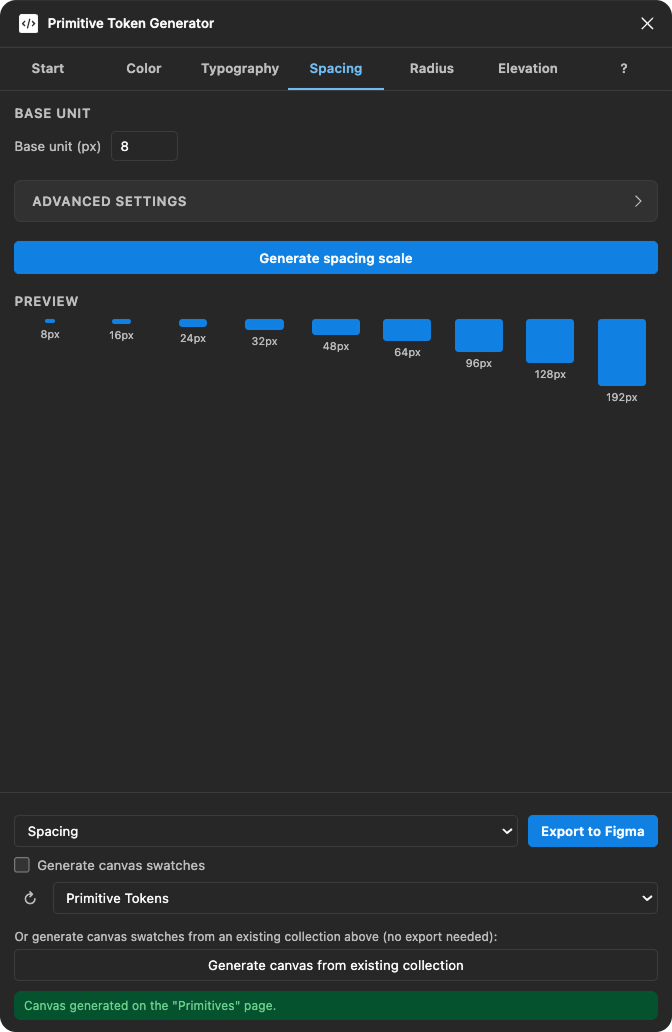The spacing tab showing the base unit input and visual tile preview
