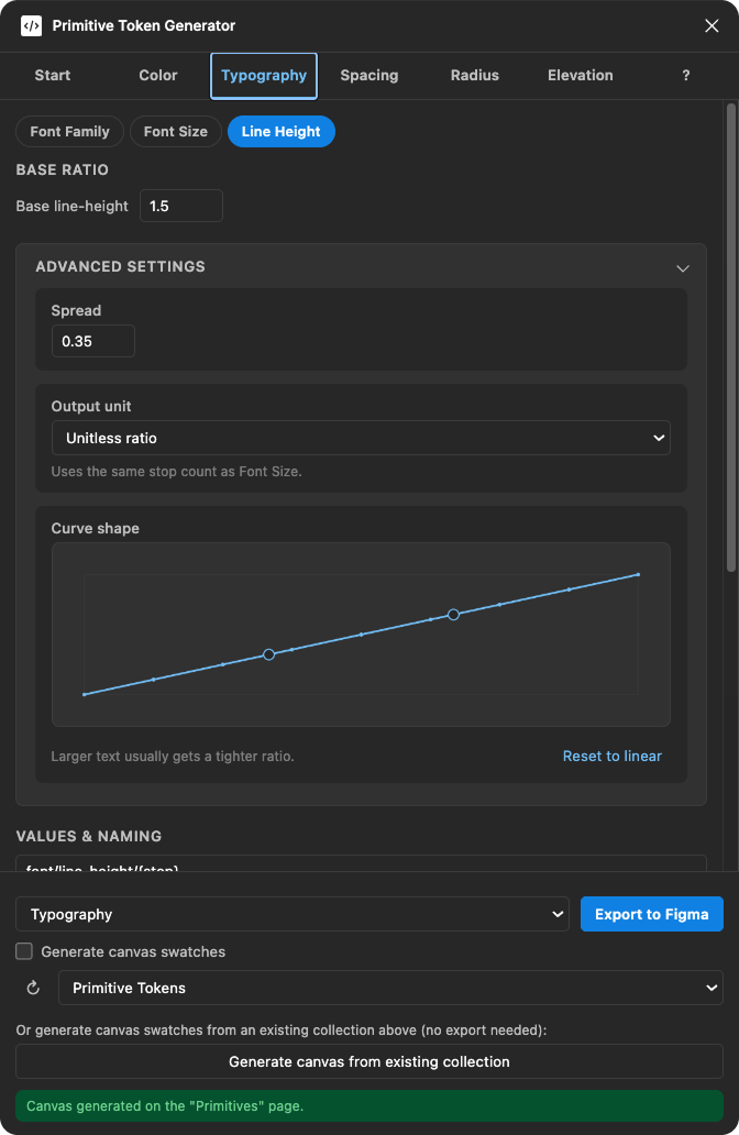 The Line Height sub-tab with the advanced bezier curve editor open